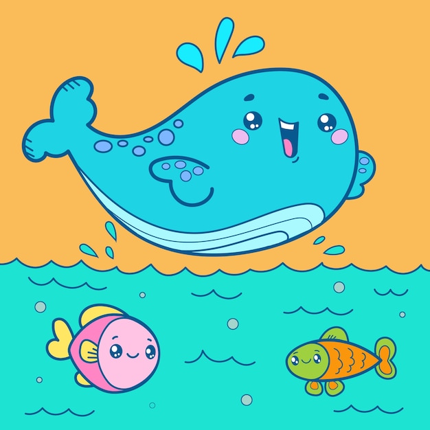 Ocean animals in kawaii style