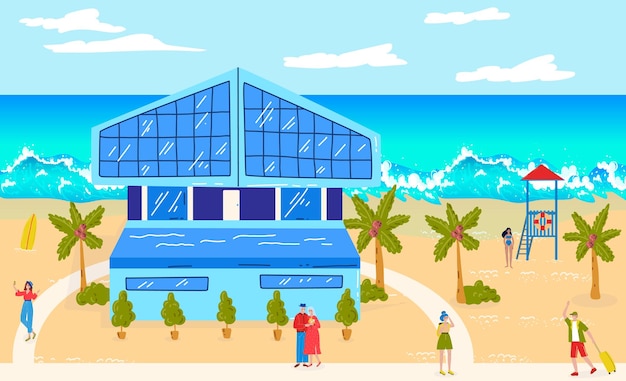 Ocean beach vacation at summer vector illustration hotel at tropical sea people man woman character travel at resort old couple near water