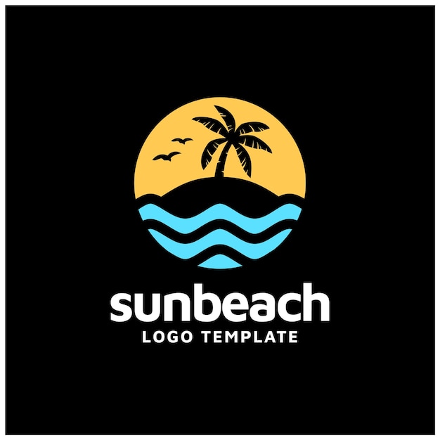 Ocean Beach with Palm Tree Birds Silhouette for Surf Vacation Holiday Hawaii Paradise Island Logo