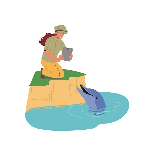 Ocean Fauna Scientist or Zoologist Female Character Photographing Dolphin on Tablet Young Woman Ichthyologist