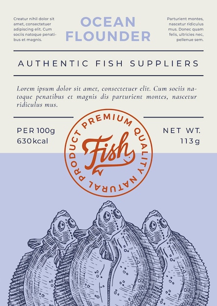 Ocean Fish Abstract Vector Packaging Design or Label Modern Typography Banner Hand Drawn Flounder or Flatfish Silhouette with Lettering Logo Stamp Color Paper Background Layout