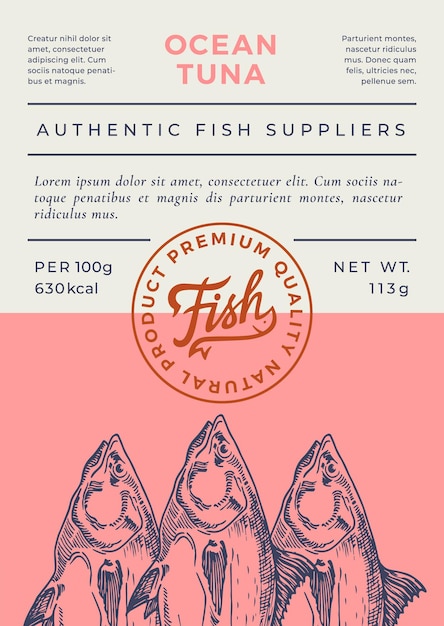 Ocean Fish Abstract Vector Packaging Design or Label Modern Typography Banner Hand Drawn Tuna Silhouette with Lettering Logo Stamp Color Paper Background Layout