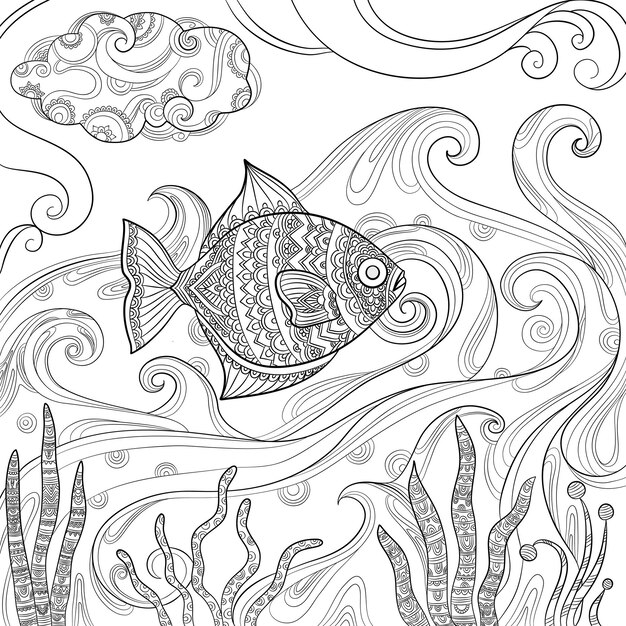 Vector ocean fish coloring fashion pictures of water sea or ocean animals vector drawings for adults books fish in sea book coloring sketch illustration