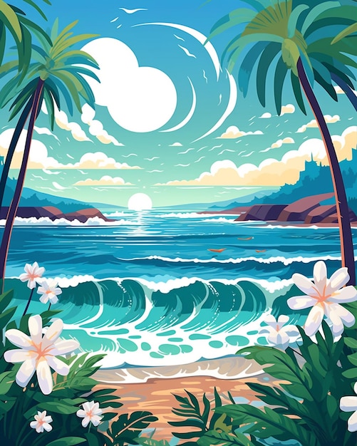 Ocean Illustration with Palm Trees