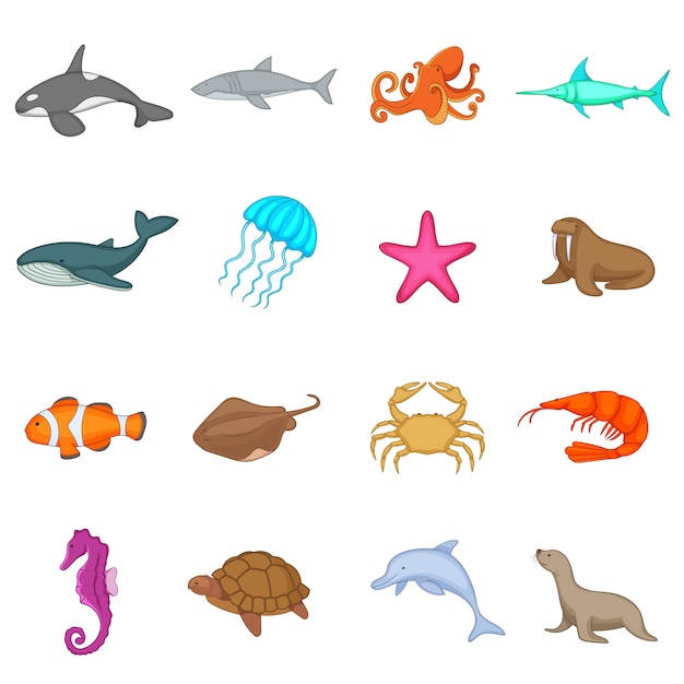 Ocean inhabitants icons set