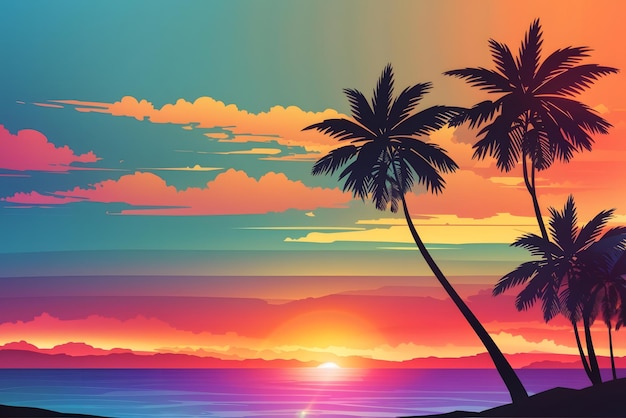 Vector ocean landscape with coconut trees in silhouette against sunset nature background