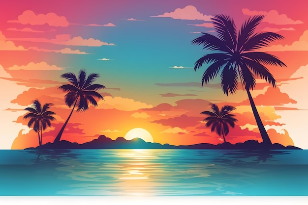 Vector ocean landscape with coconut trees in silhouette against sunset nature background