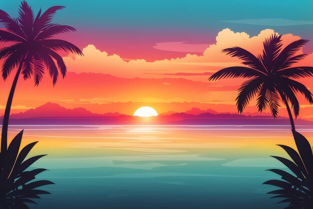 Vector ocean landscape with coconut trees in silhouette against sunset nature background