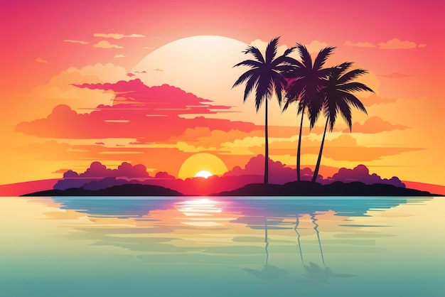 Vector ocean landscape with coconut trees in silhouette against sunset nature background