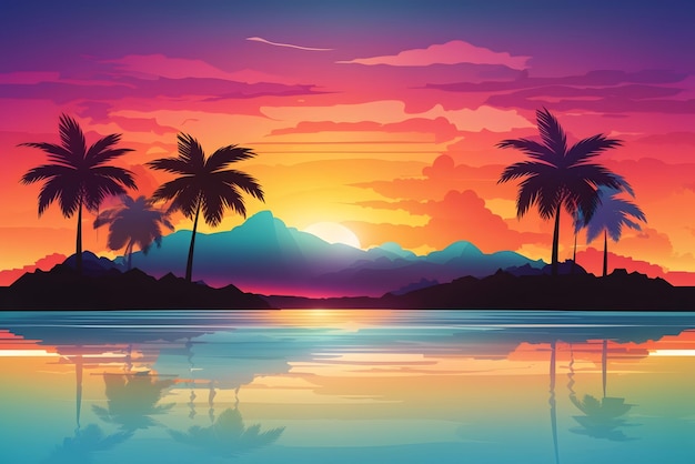 Vector ocean landscape with coconut trees in silhouette against sunset nature background