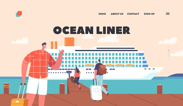 Ocean Liner Landing Page Template Tourists Waiting Boarding On Cruise Ship at Wooden Pier People in Marine Voyage