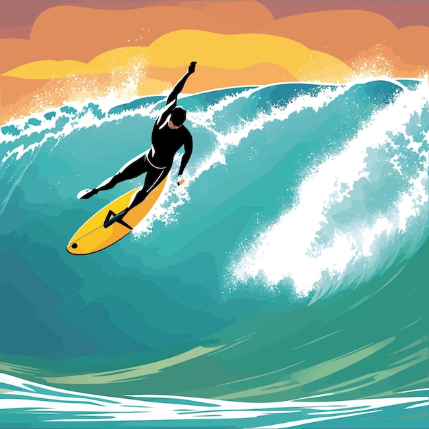 Ocean man surfing big waves day illustration