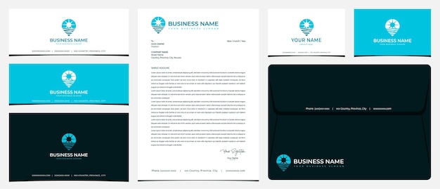 Ocean pin logo with stationery business card and social media banner designs