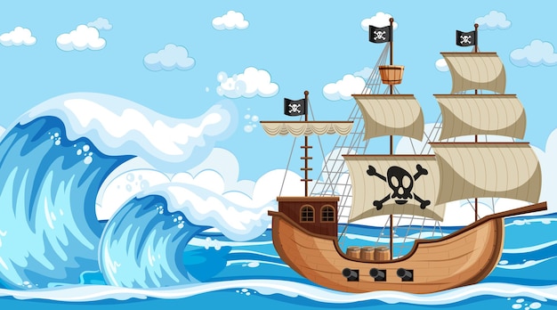 Ocean scene at day time with Pirate ship in cartoon style