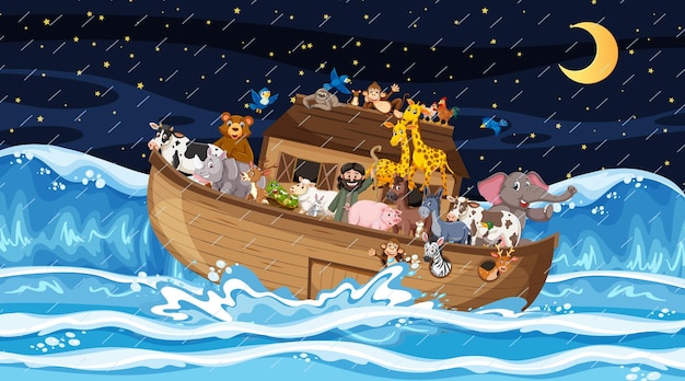 Ocean scene with Noah's ark with animals