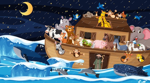 Ocean scene with Noah's ark with animals