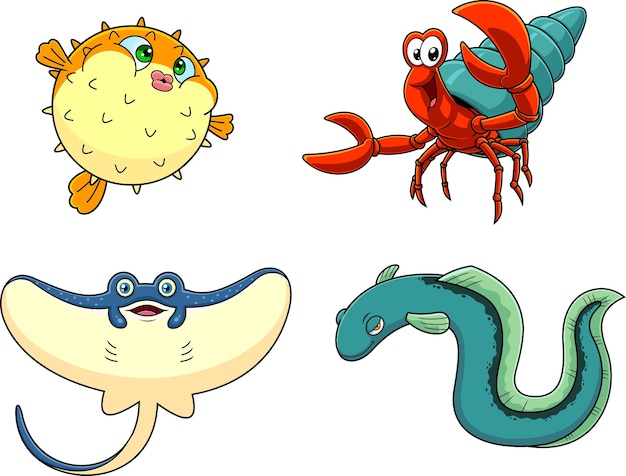 Ocean Or Sea Animals Cartoon Characters Different Poses. Vector Hand Drawn Collection Set