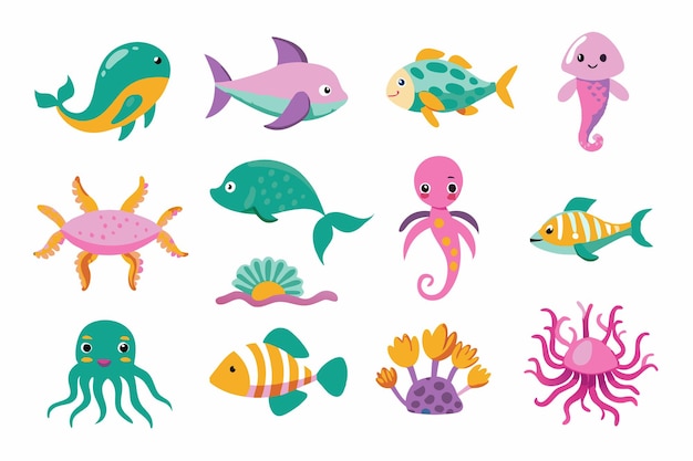 Vector ocean or sea creature characters illustrations set on white background