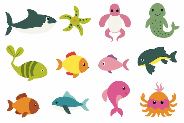 Ocean or sea creature characters illustrations set on white background