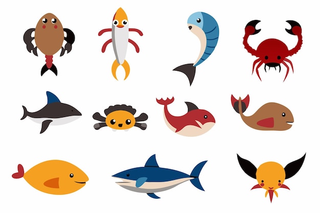 Ocean or sea creature characters illustrations set on white background