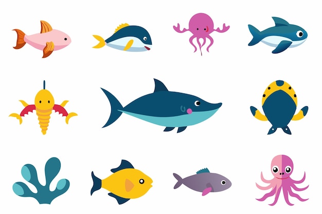 Ocean or sea creature characters illustrations set on white background