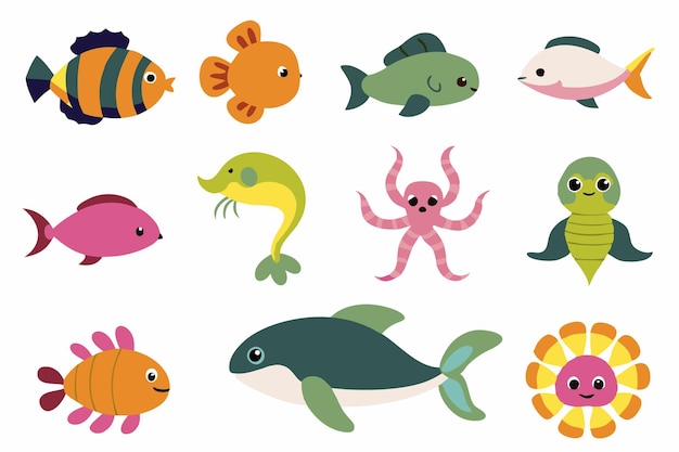 Ocean or sea creature characters illustrations set on white background