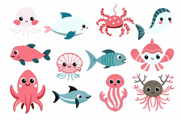 Vector ocean or sea creature characters illustrations set on white background