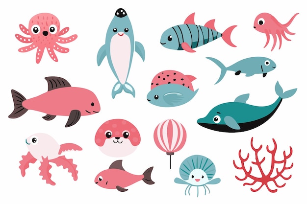 Vector ocean or sea creature characters illustrations set on white background