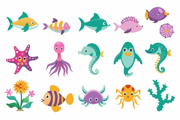 Vector ocean or sea creature characters illustrations set on white background