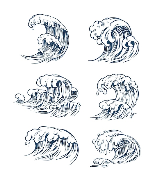 Ocean or sea waves. Set of vector outlines illustrations. Isolated on white background. surf and splashes set