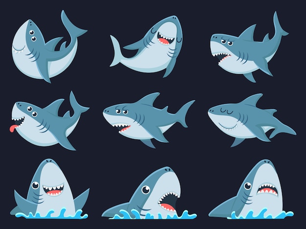 Ocean shark mascot. Scary sharks animals, smiling jaws and swimming shark cartoon  illustration set