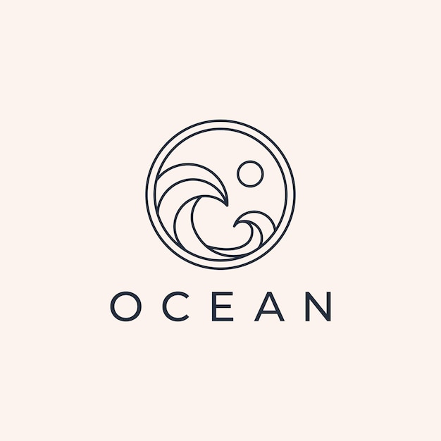 Ocean Sun Wave line outline Logo Design Template