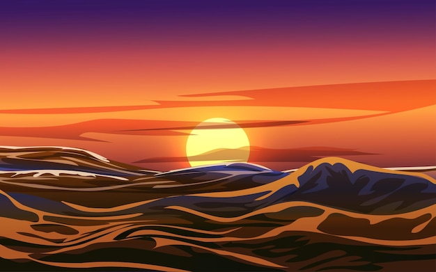 Ocean sunset vector background with waves