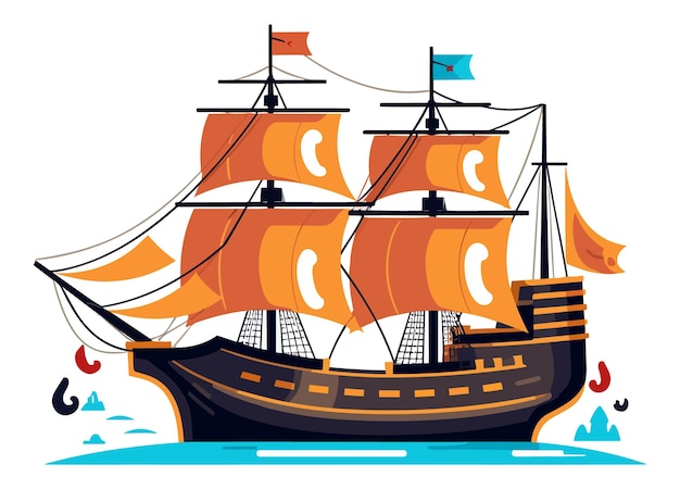 Ocean Voyage Exploring the Maritime Industry on a Nautical Vessel Explore a cartoon boat sailing on the sea a maritime journey awaits Pirated ship vector illustration