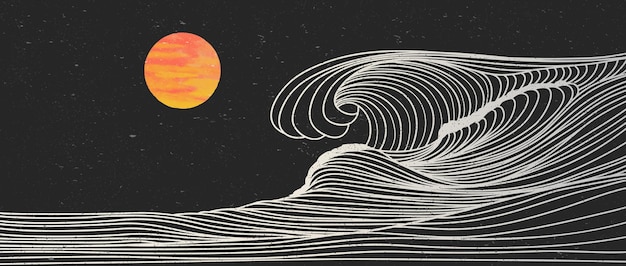 Ocean wave landscape Creative minimalist modern line art print Abstract contemporary aesthetic backgrounds landscapes with Ocean sea skyline wave and sunset vector illustrations