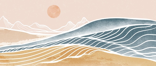 Ocean wave and mountain Creative minimalist modern paint and line art print landscape background