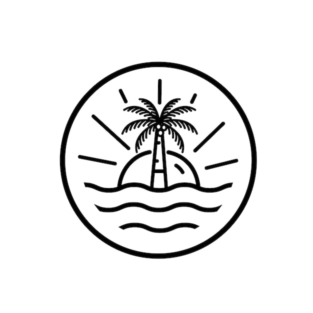 Ocean wave tropical island and palm tree logo line art vector illustration