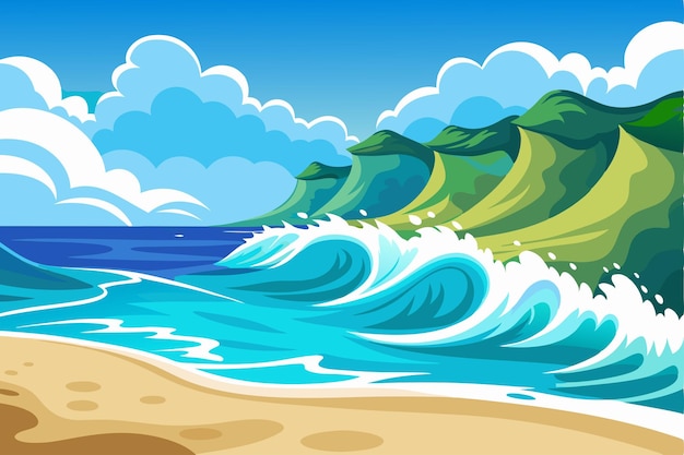 Vector ocean waves crashing on a sandy beach with green hills and clouds in the sky