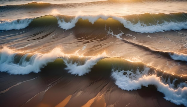 Ocean waves curl and break on a sandy shore bathed in the warm golden light of sunrise or sunset