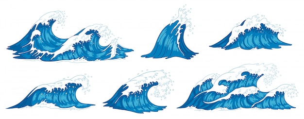 Vector ocean waves. raging sea water wave, vintage storm waves and ripples tides hand drawn   illustration