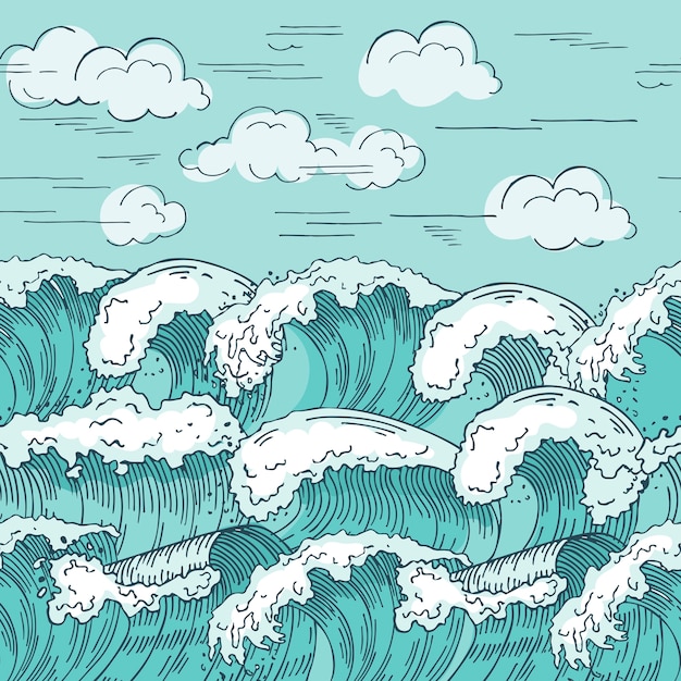 Ocean waves seamless pattern. Hand drawn s background. Ocean wave seamless pattern texture, marine wavy drawing