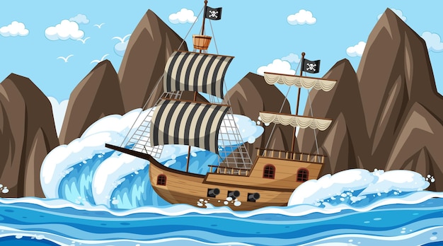 Ocean with Pirate ship at day time scene in cartoon style