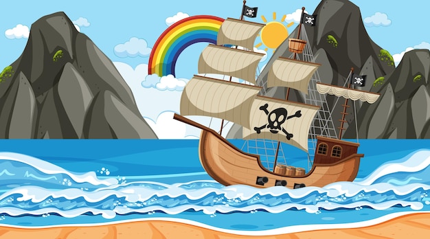 Ocean with Pirate ship at day time scene in cartoon style