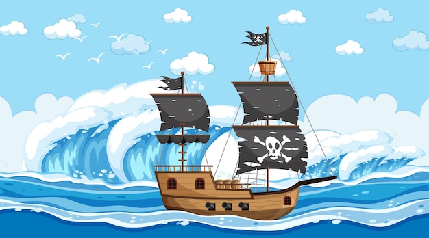 Ocean with Pirate ship at day time scene in cartoon style