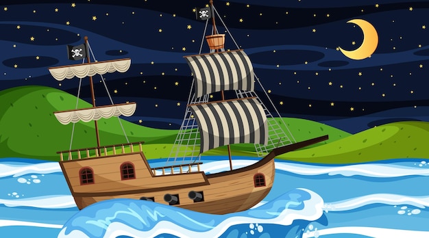 Ocean with Pirate ship at night scene in cartoon style