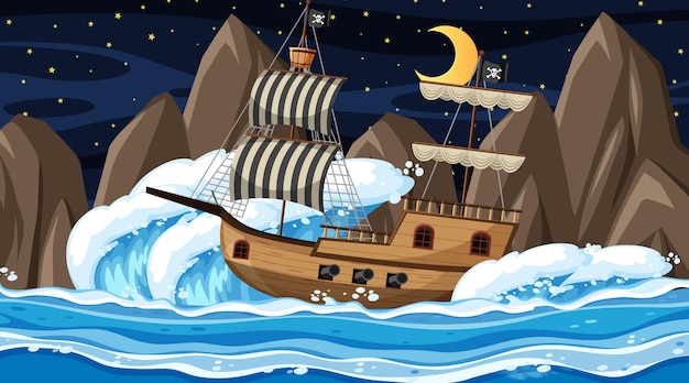 Ocean with Pirate ship at night scene in cartoon style