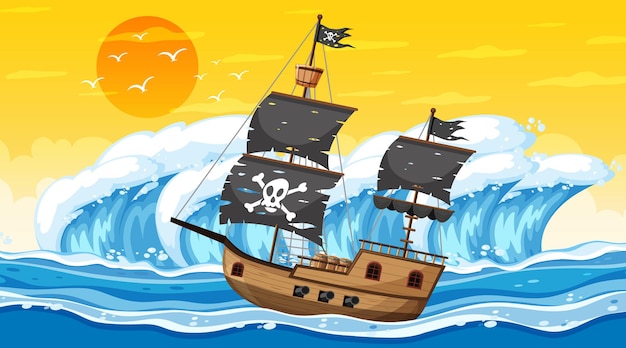 Ocean with Pirate ship at sunset time scene in cartoon style