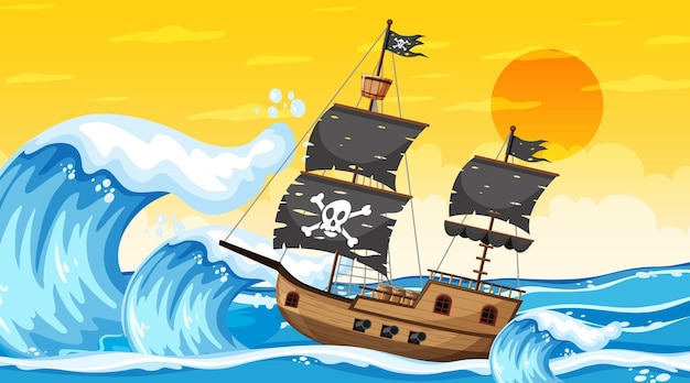 Ocean with Pirate ship at sunset time scene in cartoon style