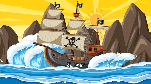 Ocean with Pirate ship at sunset time scene in cartoon style