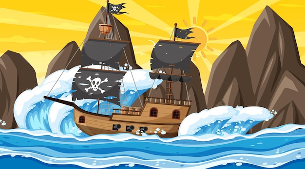 Ocean with Pirate ship at sunset time scene in cartoon style